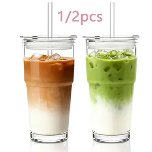 20oz Clear Glass Cup with Lid and Glass Straw, Set of 1/2 Thickened Glass Coffee Tumblers, Drinking Glasses with Straw for Smoothie, Tea, Milk, Whiskey, Water and More – Elegant & Durable, Drinkware