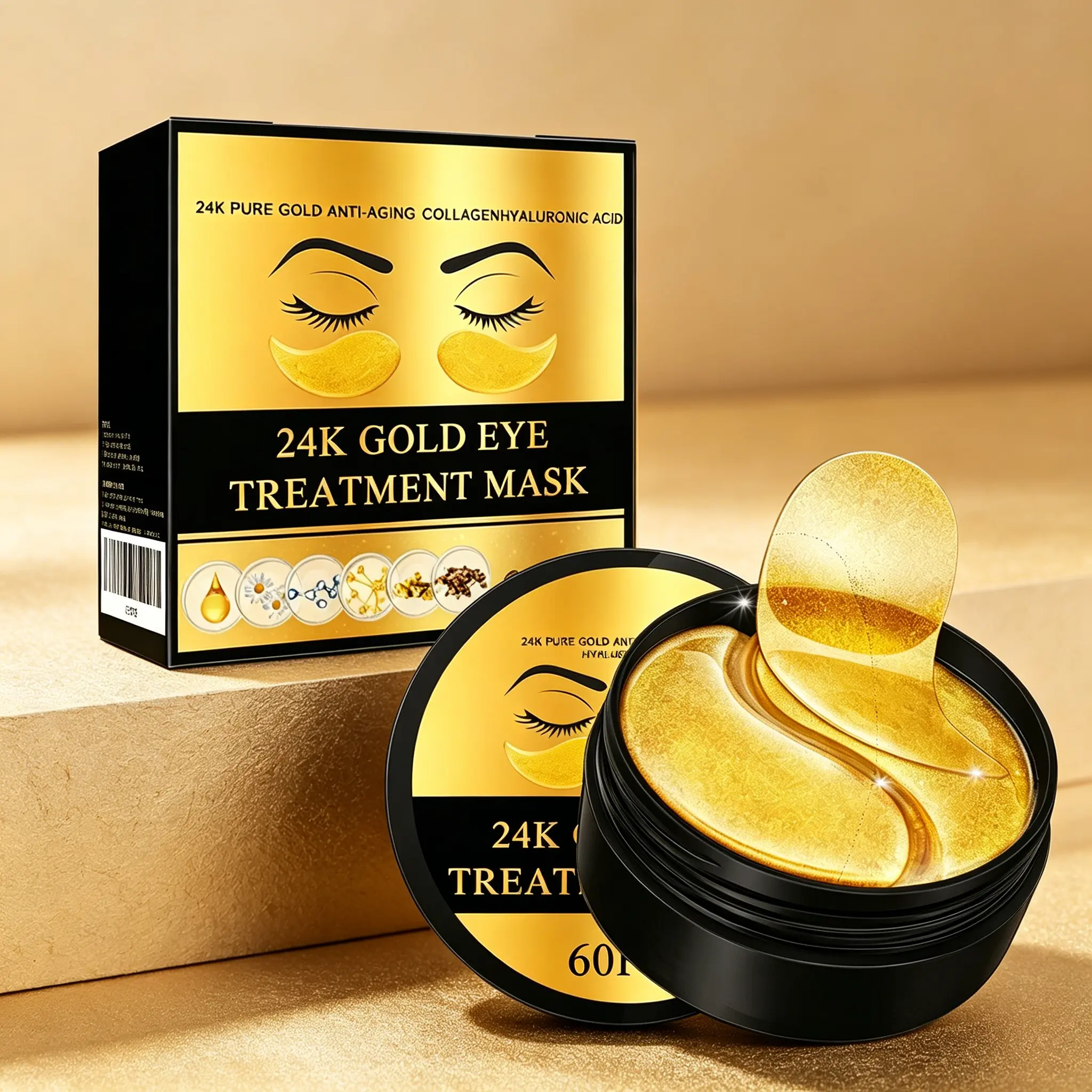 24K Gold Eye Treatment Mask – Anti-Aging Under Eye Patches – Collagen & Hyaluronic Acid – Reduces Dark Circles, Puffiness & Fine Lines – Firms & Brightens Delicate Eye Area – 60 Pairs – Daily Eye Care