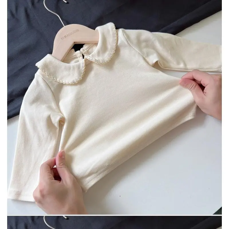 Girls' Linen-Cotton-Polyester Plain Long Sleeve Crew Neck Pullover Undershirt - Regular-Fit Base Layer for Spring, Autumn