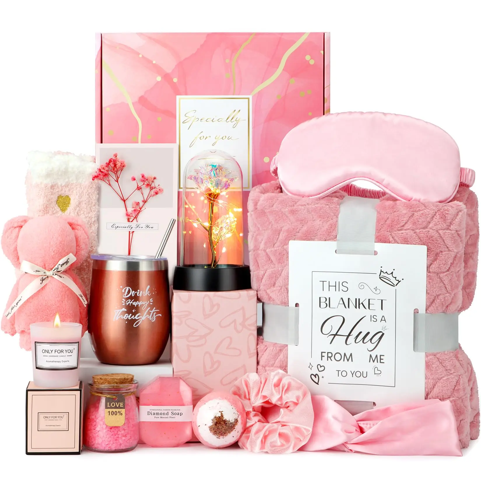Women's Relaxing Spa Gift Box Set - Themed Gift Box with Luxury Flannel Blanket, Cozy Rose Glow Floral Lightup Rose Flower - Birthday Get Well Self Care Kit for Mom, Wife
