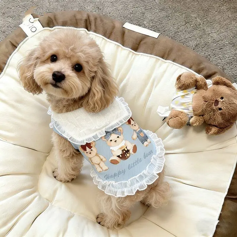 Denim Dog Clothes with Bear Print for Small Dogs, Cute Embroidered Bear Design, Casual Style Puppy Shirt for Daily Walks