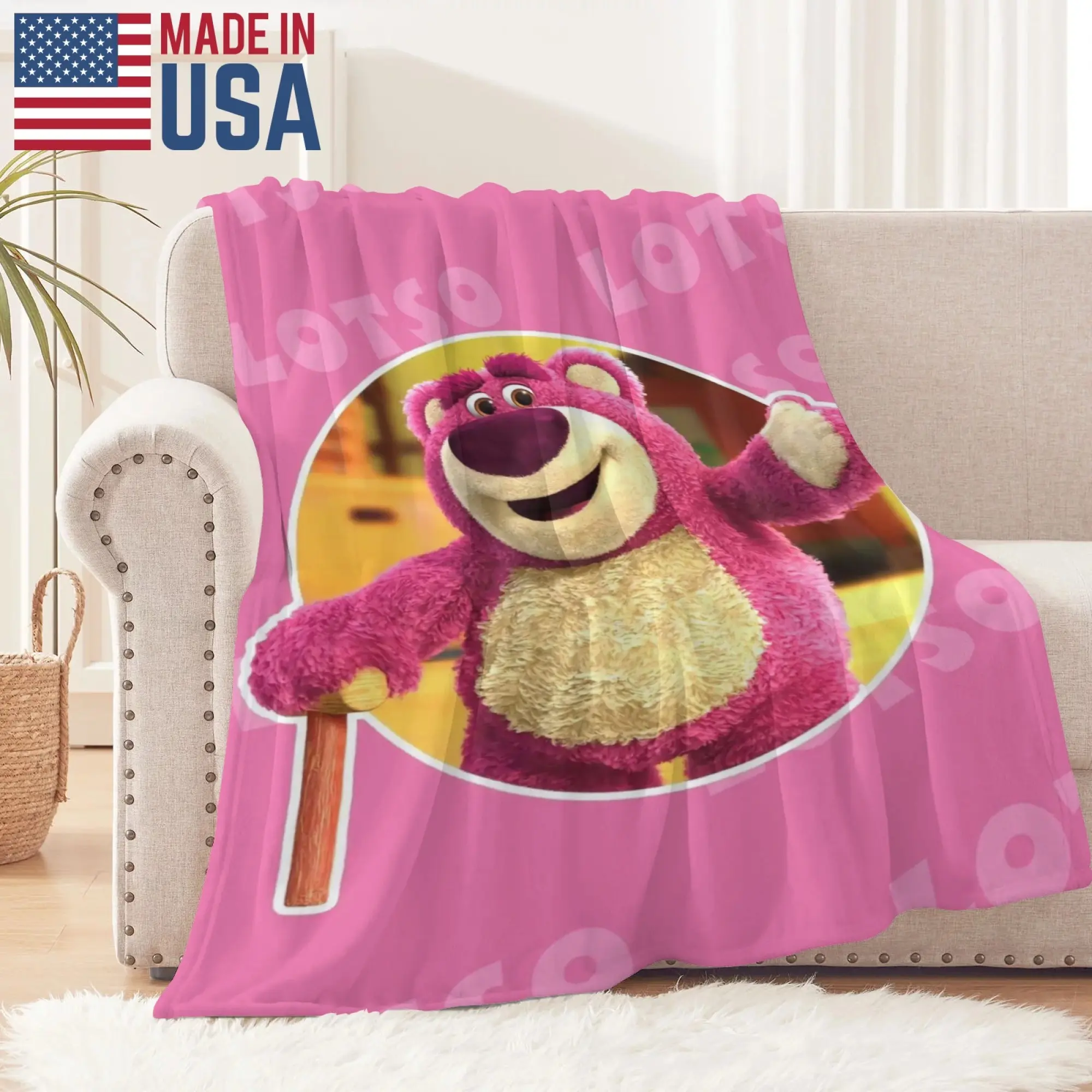 [SummerVibes] DISNEY CLASSIC Toy Story Lotso Soft Flannel Blanket, Vibrant 2D Print Pink Throw for Bed, Couch & Office