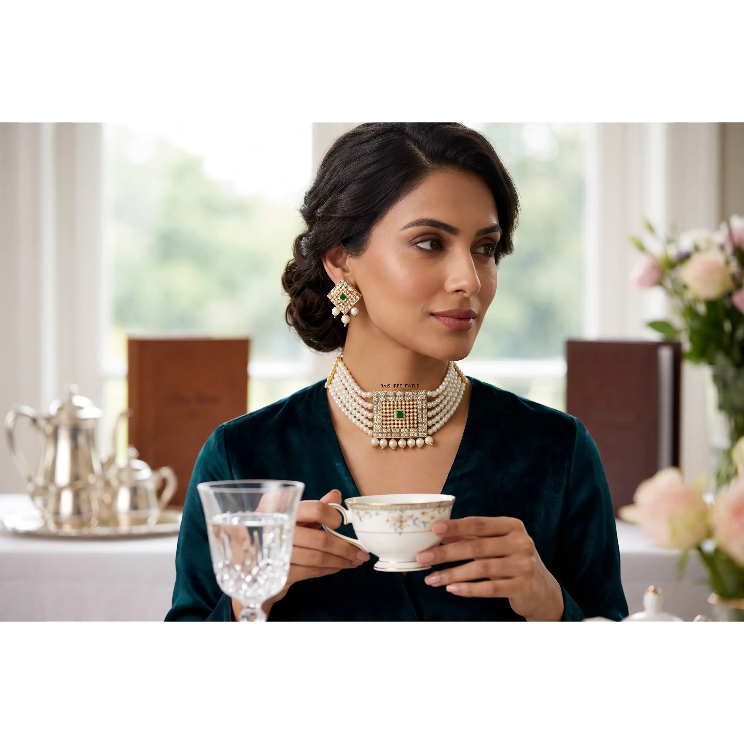 Traditional Gold Tone Pearl Choker Necklace Set with Earrings – Bridal Pakistani Indian Afghan Statement Jewelry for Women 023