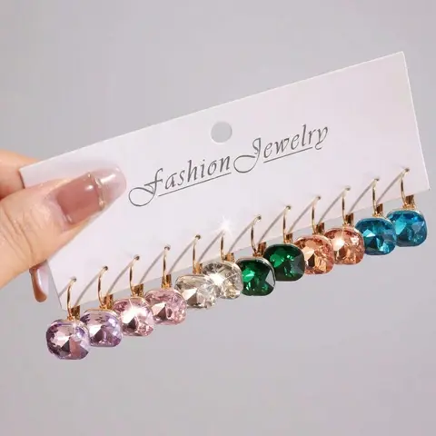 Women's 6-Pair Assorted Colored Glass Crystal Dangle Earrings - Shining Fashionable Jewelry Earrings with Bling Effect for Ear Stacking, Everyday Accessory, Thoughtful Gift Ideas, Shining Earrings