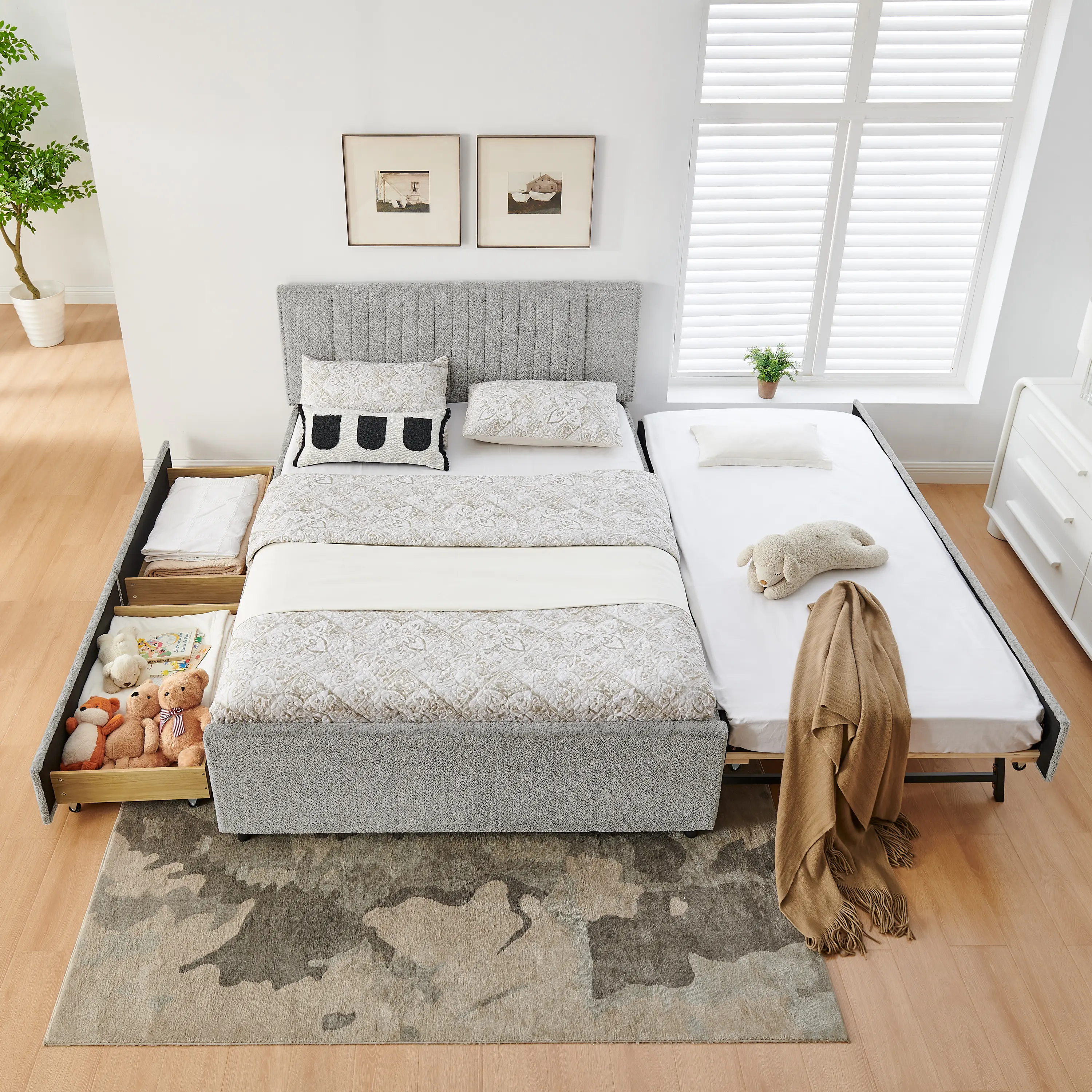summerwins 2-in-1 Design Full/Queen Daybeds - Chenille Platform Bed Frame with Hidden Trundle, Storage Drawers, Nailhead Trim, High-Padded Headboard, 79.5''x58''x43'', Assembly Required, Pull Out Bed for Small Bedrooms/Apartments (Beige, Grey)