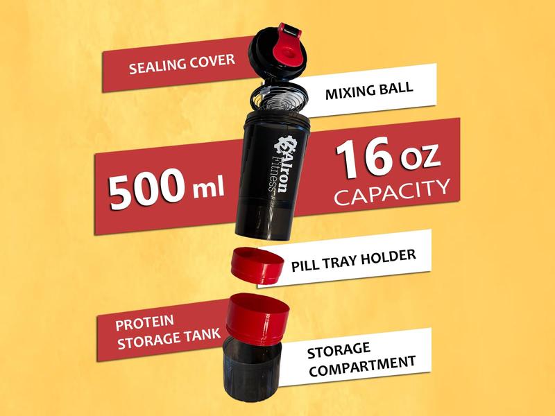 ALRON FITNESS AlronFitness Protein Shaker Bottle 500ml - Premium Gym Protein Shake Cup, Leak-Proof Flip Cap, Mixing Ball & Powder Storage, Perfect for Sports and Workout (16oz) (Red)