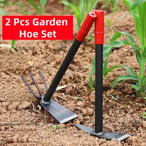 2Pcs Garden Hoe Tool Set, 35cm Handheld Weeding Hoe & 2 in 1 Hoe Rake Combo, Heavy Duty Manganese Steel Gardening Tool Kit for Raised Garden Beds, Balcony Gardening, Weeding, Digging & Soil Loosening