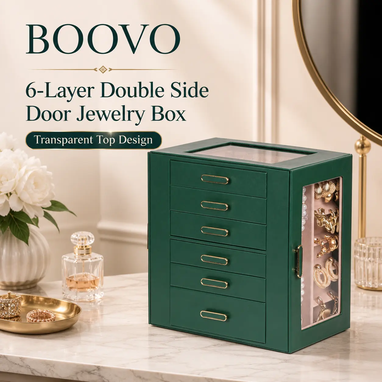 BOOVO Modern Rectangular Sage Green Large Glass Lid Jewelry Cabinet for Women - 6-Layer, Double-Side Doors, Antitarnish Dustproof, Lockable Key Lock, Large-Capacity Vanity Storage Box for Bedroom Necklaces, Rings