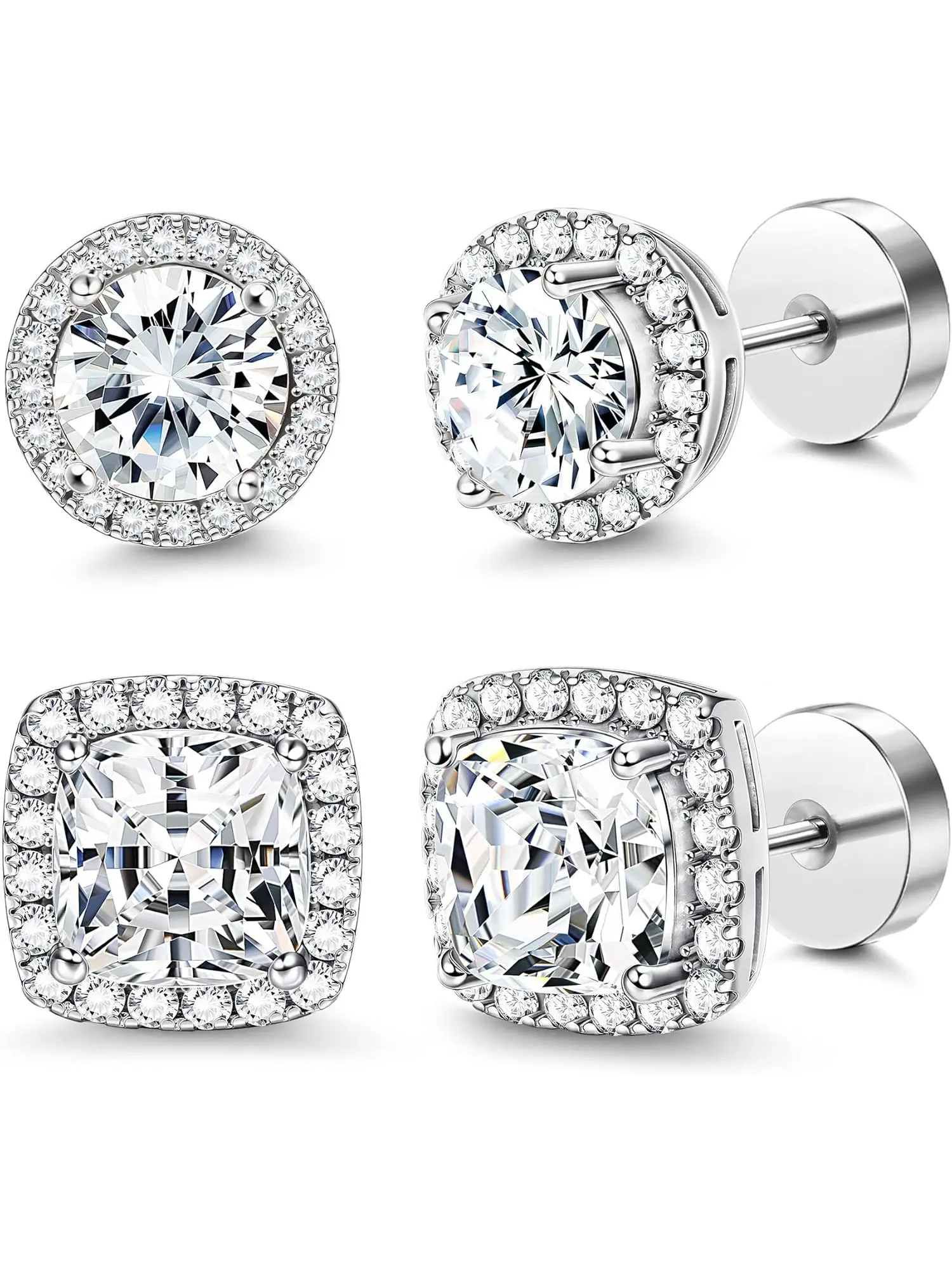Flat Back Stud Earrings 14K Real Gold Plated Cubic Zirconia Stud Earrings Hypoallergenic Round Square Big Simulated Diamond Stud Earrings for Women Men Studs Earrings 20G Earrings Jewelry