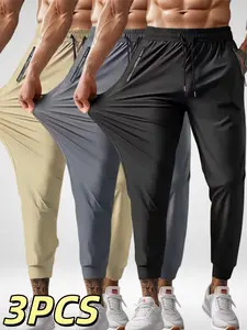 3-Pack Mixed Color Men’s Jogging Casual Sports Pants, Drawstring Waist, Zippered Letter Pocket, Comfortable Breathable High Stretch Fabric, Suitable for Gym, Running, and Everyday Wear