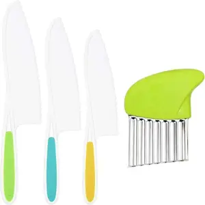 4-Piece Knife Set, Kitchen Knives with Textured Handle, Sawtooth Edge Plastic Chef Knives, Safe for Real Cooking and Cutting Fruits Bread, Utensils
