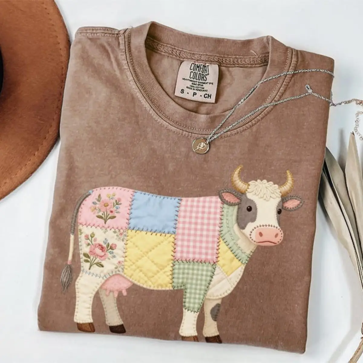 Comfort Colors PRINTED Faux Patchwork Cow T-Shirt, Quilted Farmhouse Cow Tee, Gingham Floral TShirt, Rustic Country Animal Top, Cute Cottagecore Gift