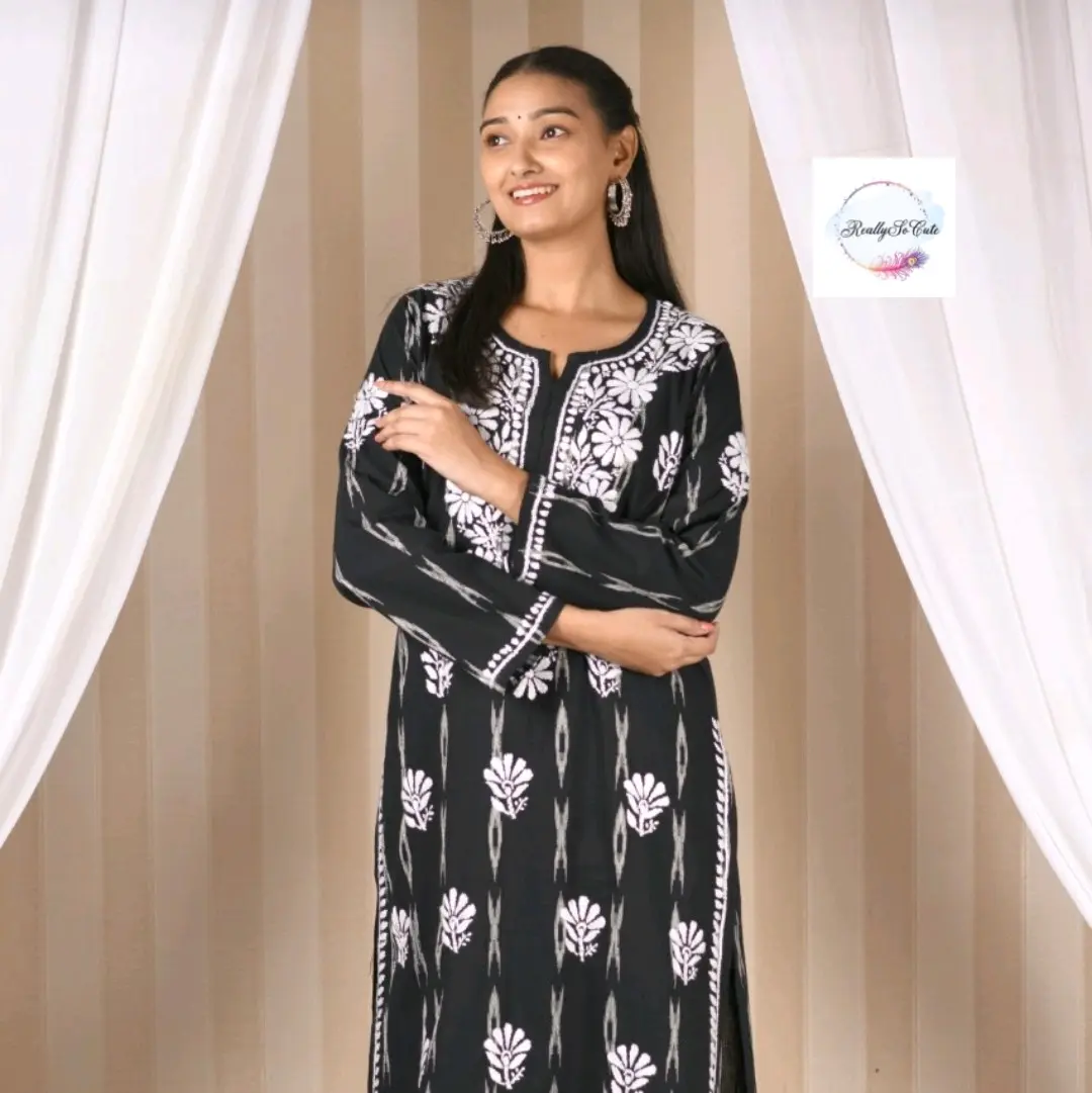 Ikkat cotton Handmade Chikankari Allover work style  Kurta/Kurti For Women,Chikankari  Pant Set women 2 Piece set women,black lucknowi suit