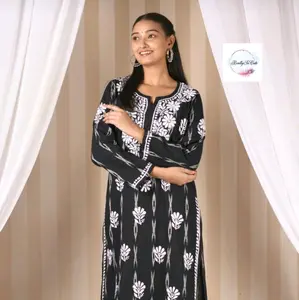 Ikkat cotton Handmade Chikankari Allover work style  Kurta/Kurti For Women,Chikankari  Pant Set women 2 Piece set women,black lucknowi suit