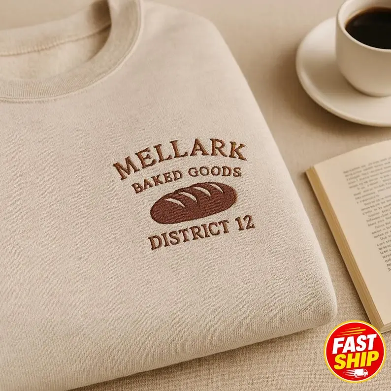 Embroidered Mellark Baked Goods District 12 Sweatshirt, Cotton Apparel With Brown Bread Graphic, The Hunger Games Fan Clothing