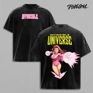 Invincible Universe Atom Eve Graphic T-Shirt Washed Oversized Shirt, Vintage Style Superhero Shirts, Retro Comic Tee Vibes, Casual Streetwear Fit Cotton Top Menswear