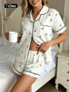 Women's Cute Elastic Bow Polka Dot Shirt and Pants Set, Fitted Pajama Pjs Loungewear Sleepwear Two-Piece, Short Sleeve Shorts Spring Summer Party Wear