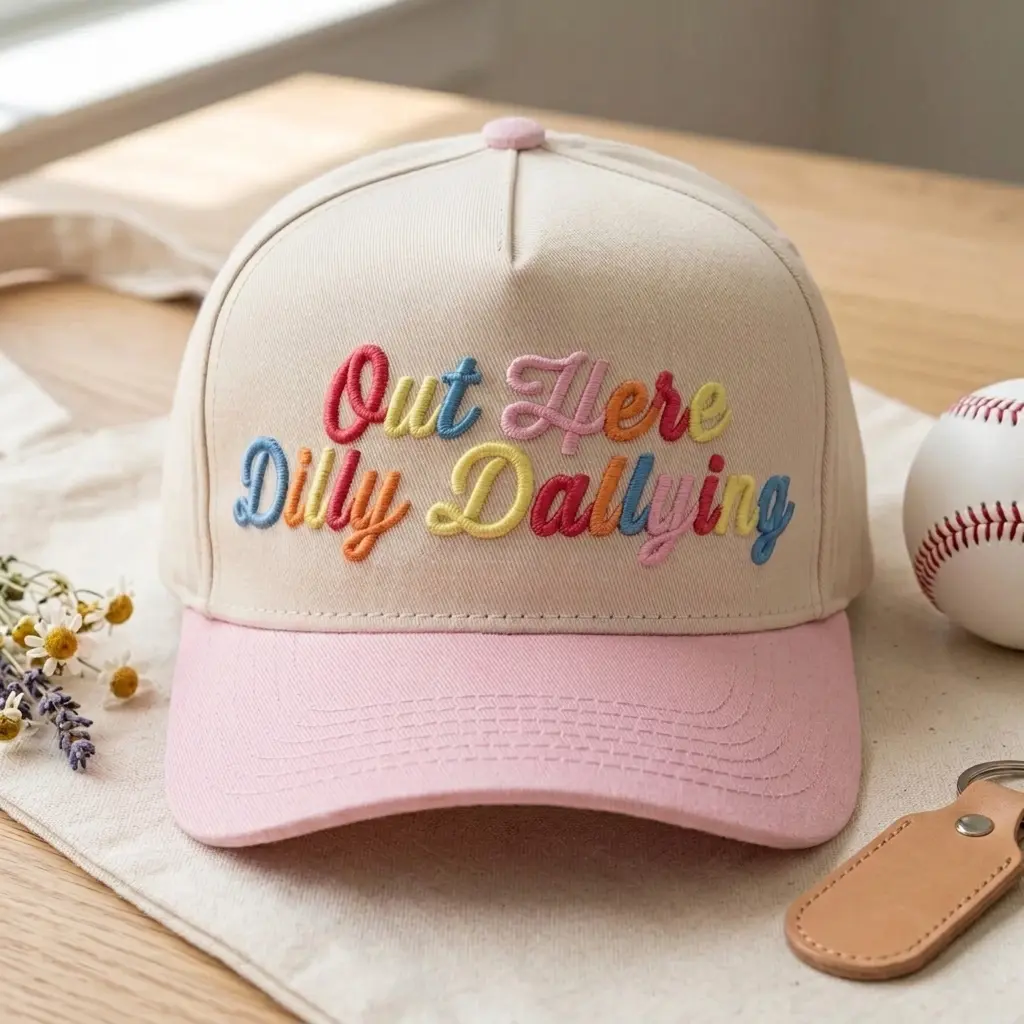 Out Here Dilly Dallying 3D Puff Embroidered Hat, Multi Color Retro Slogan Cap, Funny Vacation Gift