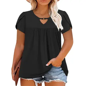 VOGARCE Womens-Plus-Size-Summer-Tops Chic Keyhole V Neck T Shirts Cute Petal Short Sleeve Blouses Flowy Pleated Tunics XL-5XL VPS0146