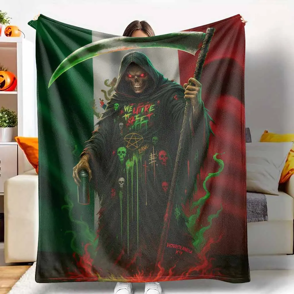 Grim Reaper Mexican Flag Print Decorative Blanket - Ultra-Soft, Lightweight, Breathable, Wrinkle-Resistant Flannel Throw for Sofa, Day of the Dead Gift for Horror Fans