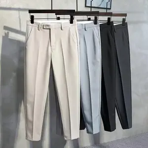 2025 New Casual Men's Beige Dress Pants Spring Autumn Style Nine-point Length Stretchable Formal Trouser Bestie Suits Menswear Black Plain