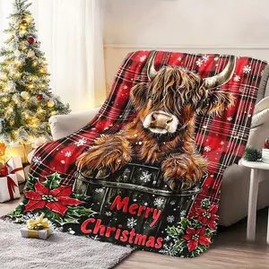 Soft Warm Christmas Highland Cow And Snowflake Flannel Blanket Cozy Festive Gift For Family Travel Office Decoration