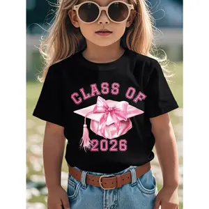 Black T Shirt for Kids with Pink Graduation Cap And Class Of 2026 Print for Graduation Celebration (3-13Y)