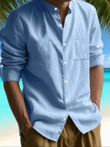 Men's solid color linen short collar button-down shirt, soft and breathable fabric, summer regular fit casual men's long sleeve shirt, daily casual, beach surfing, seaside vacation, men's clothing.