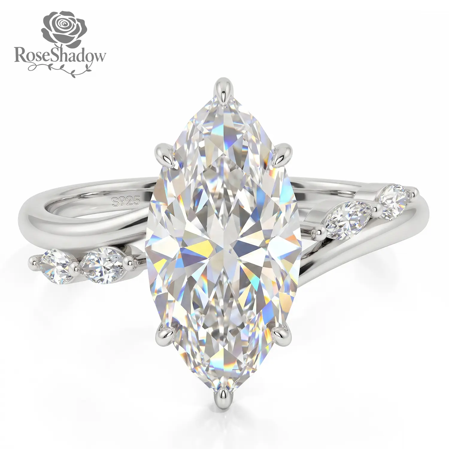 ROSESHADOW 3CT Moissanite Marquise Cut Ring for Women Wavy Band 14K Gold Plated 925 Sterling Silver Synthetic Moissanite Jewelry Promise Travel Band for Anniversary, Size 5-9