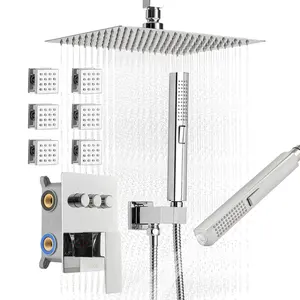 VEVOR Ceiling Mount Rainfall Shower Faucet Set, 10x10 in 3-Function Rotatable Rain Head, 6 Body Jets, 2-in-1 Handheld Spray, Brass Parts, Full Brass Valve & Trim, Modern Chrome, Massages Back Complete Kit