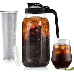 Cold Brew Coffee Maker Pitcher – 64oz Thick Glass Mason Jar with Spout Lid, Perfect for Iced Coffee, Sun Tea, Lemonade, Fruit Infused Drinks, Kitchen Beverage Container Filter Pots Tin
