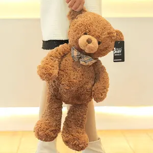 Classic Brown Teddy Bear Plush Toy, Curly‑fur Bear with Plaid Bow Tie, Soft Stuffed Animal for Gift & Decor