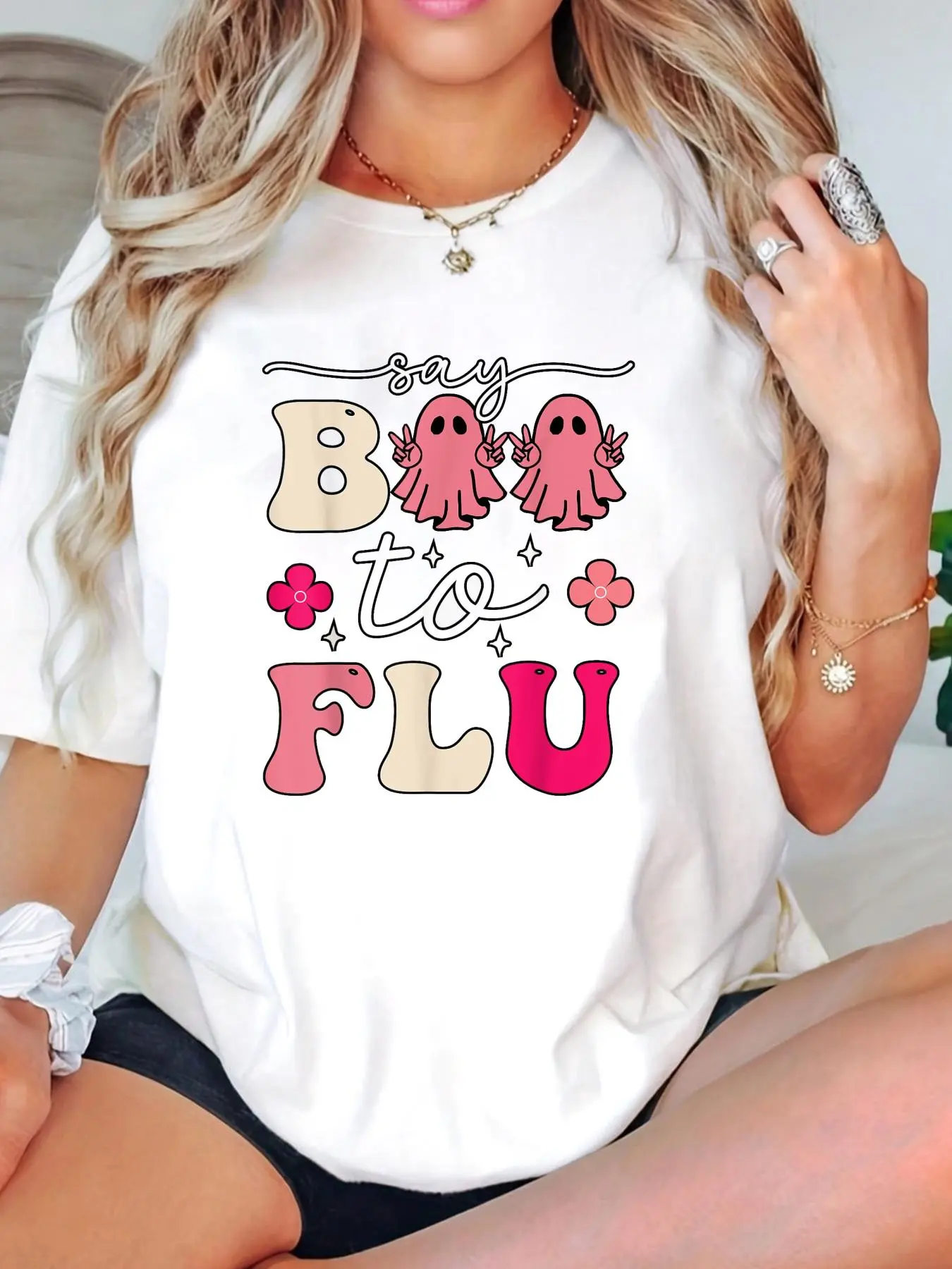 Women's "Say Boo To The Flu" Graphic T-Shirt - Funny Halloween Ghost Nurse Print, Casual Loose Fit Cotton Round Neck Short Sleeve Top, All Seasons, Funny Quote, Cold Wash, Do Not Bleach, Tumble Dry, Party Style Clothes, Tshirt, Jackets