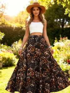 A women's black Ditsy floral Print long dress, suitable for commuting to work, shopping, outdoor activities, indoor and outdoor dressing