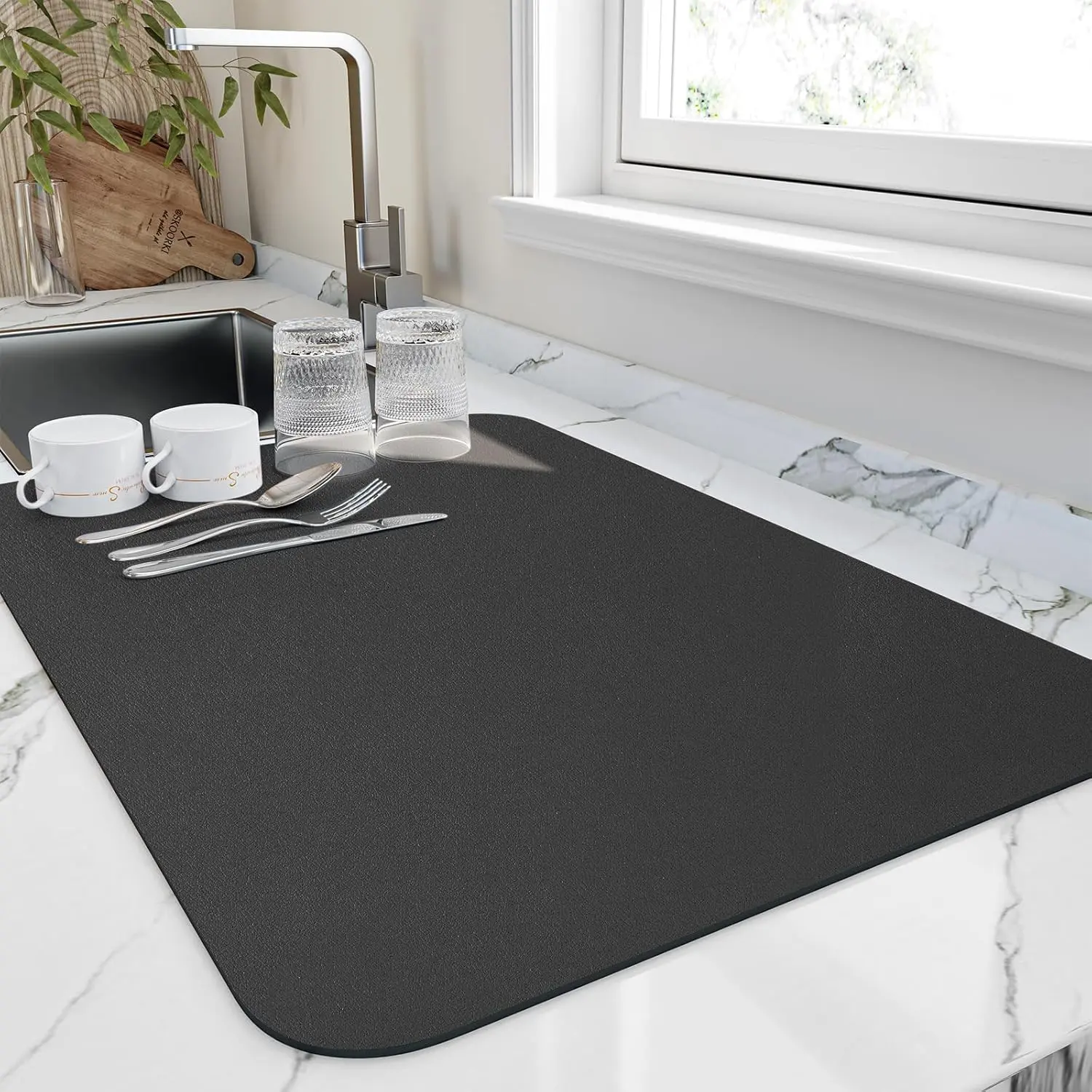 Dish Drying Mat for Kitchen Counter Coaster, Heat Resistant Drainer Mats with Non-slip Rubber Backed, Hide Stain Kitchen Super Absorbent Draining Mat, Easy to Clean Dish Rack Pad, Black 16"x18"