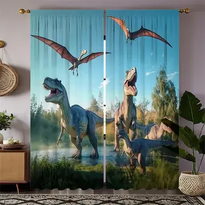 2-Piece Jurassic Dinosaur Print Curtains, Fashion Rod Pocket Window Curtains, Window Drapes for Bedroom and Living Room, Easy Installation for Coffee Shops and Offices