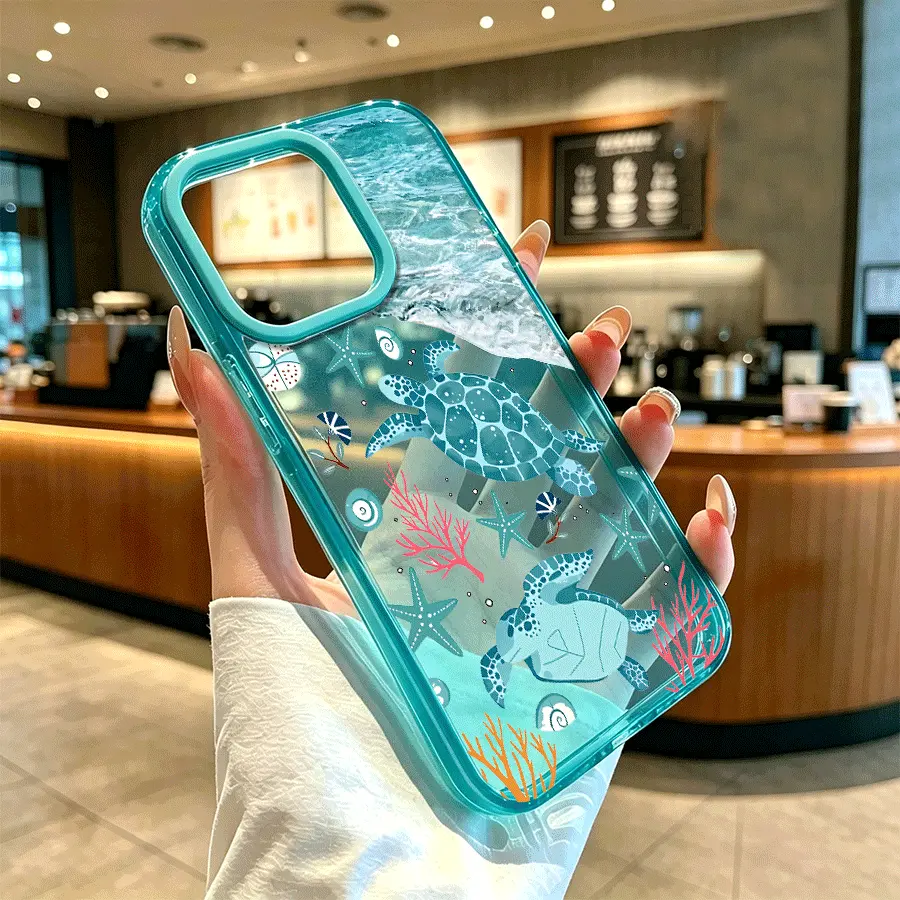 Nautical Crystal Phone Case for iPhone 16 Pro Max, 15 Plus, 14, 13, 12, 11 - Teal Ocean Waves, Sea Turtles, Coral Marine Life Design, Anti-Yellowing, Shockproof, Durable, Ultra-Thin Mobile Accessory, Iphone14