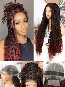 Burgundy & Multi-Color | 30-Inch Full Double-Layer Lace Front Square Knotless Box Braid Wig with Bohemian Curly Ends | Boho Knotless Braids | Black Box Braid | Comfortable & Breathable | Suitable for American Women | Synthetic Lace Front Wig
