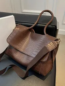 Retro dark brown crocodile textured handbag with shoulder strap for crossbody, Fashion crossbody handbag, Vintage shoulder bag, light luxury design, Classic Flap Shoulder, suitable for daily travel, Trendy Women Bags