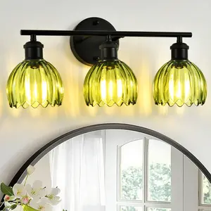 3-Light Bathroom Light Fixtures, 19.6" Gold&Black Pumpkin Shape Lights with Glass Shade, E26 Base, Bathroom Wall Lamp for Mirror Kitchen Living Room Hallway Cabinet Porch