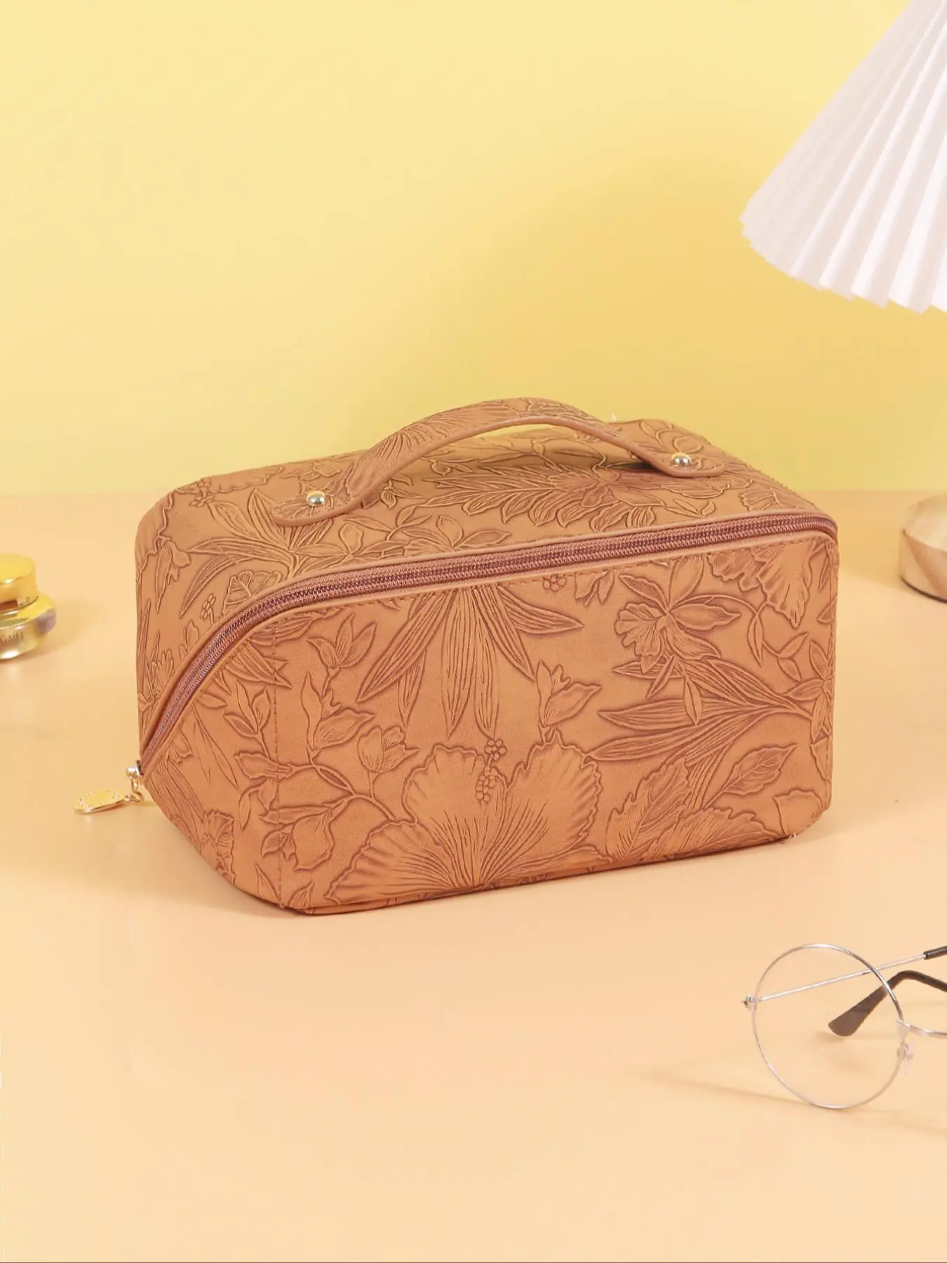 Solid Color Floral Embossed Makeup Bag, Travel Cosmetic Bags, Travel Beauty Bag, Large Capacity Multi-functional Retro Style Cosmetic Bag, Women's Handbag, Makeup Storage Bag, Makeup Pouch, Cosmetic Pouches, Cosmetics Bag