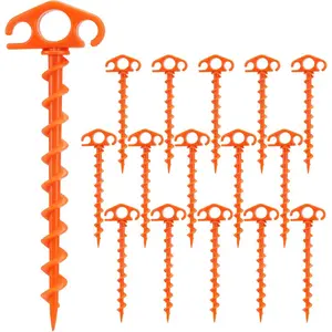 Outdoor Camping Spiral Screw-in Tent Stakes Ground Anchors - 16 Pack 9.4 Inch Heavy Duty Orange Sand Pegs for Beach Camping Hiking Party Outdoor Decoration, Windproof & Easy to Install