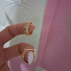 14K Gold Plated Zirconia Elegant Hoop Earrings (Black Detail)
