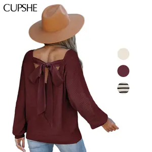 CUPSHE 【Valentine's Day】 Long Sleeve V-Neckline Fall Sweater Oversized Bow Casual Knitwear Striped Womenswear for Fall/Winer 2025 Homecoming Outfits Knitting Tops