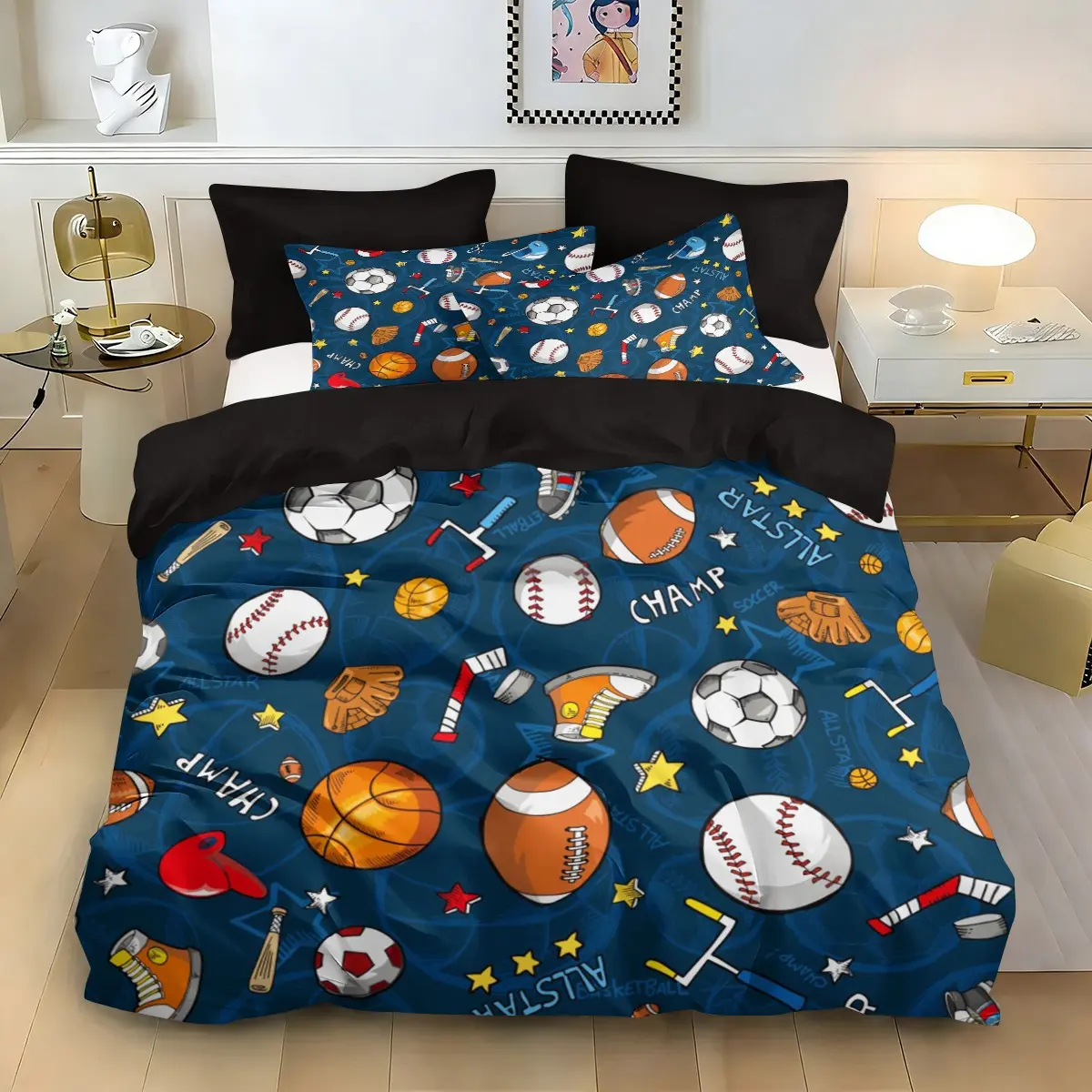 3pcs Royal Blue Sports Ball Bedding Set with Duvet Cover and 2 Pillowcases, Bed Sets Supplies, Perfect for Teen Bedrooms and Sports Fan Themed Rooms