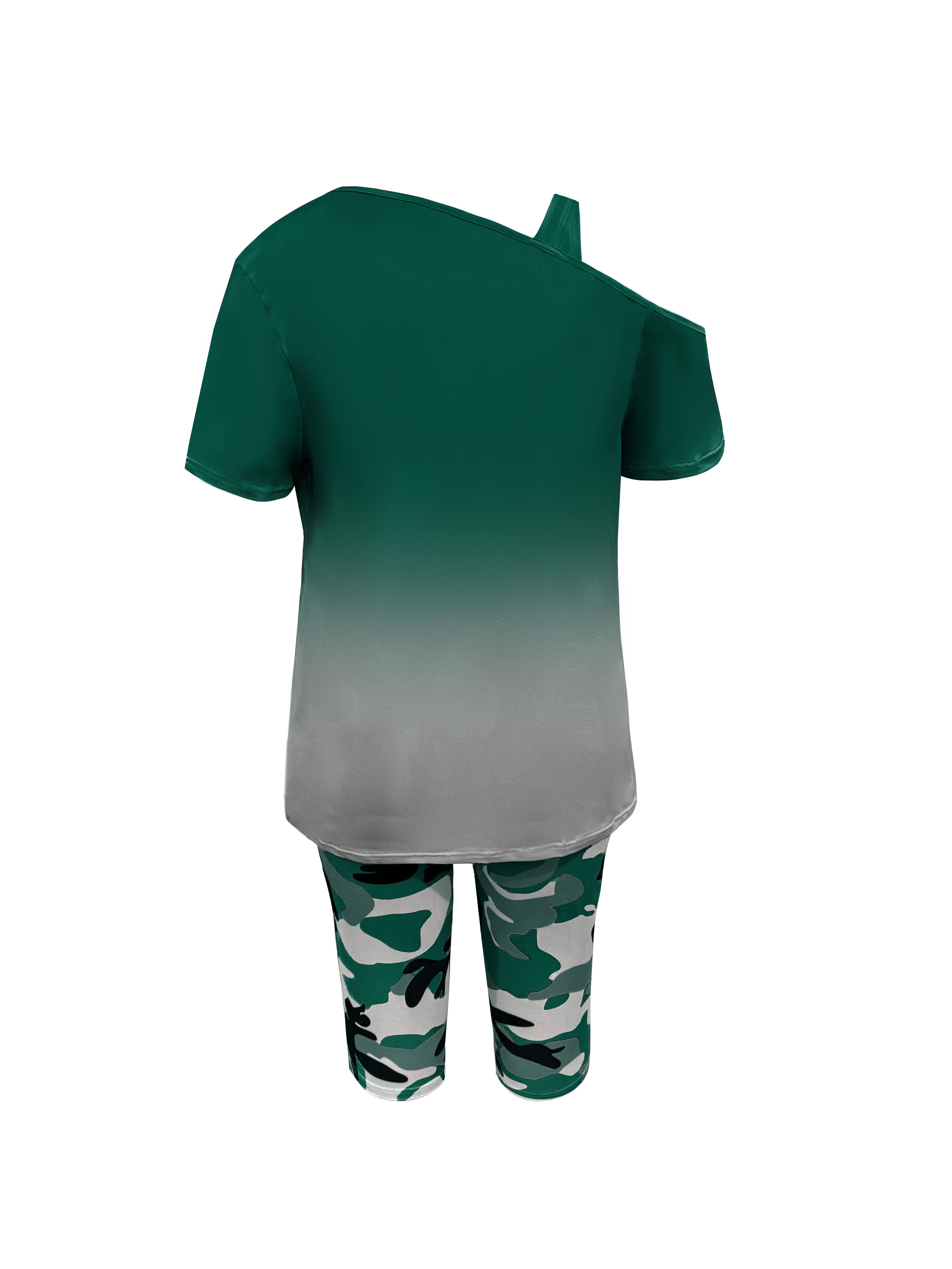 Women's 2-Piece Casual Chic Cowl Neck Shortsleeve Outfits - "Queen" Lettering Camisole, Camouflage Shorts, Casual Vacation Wear, Casual Chic Set