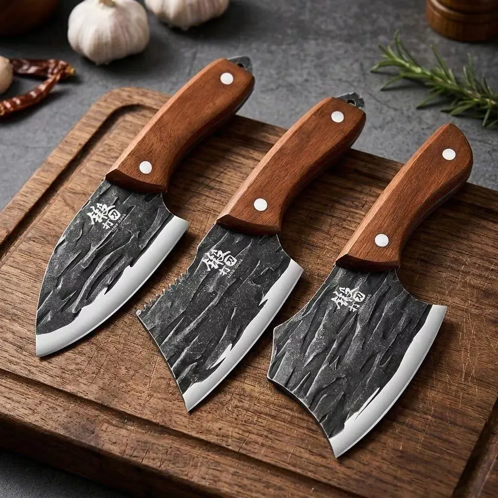 Professional Stainless Steel Chef Knife & Forged Meat Cleaver - Hand-Hammered Non-Stick Blade with Ergonomic Wood Grip Full-Tang Butcher Knife for Kitchen Prep & Meat Cutting