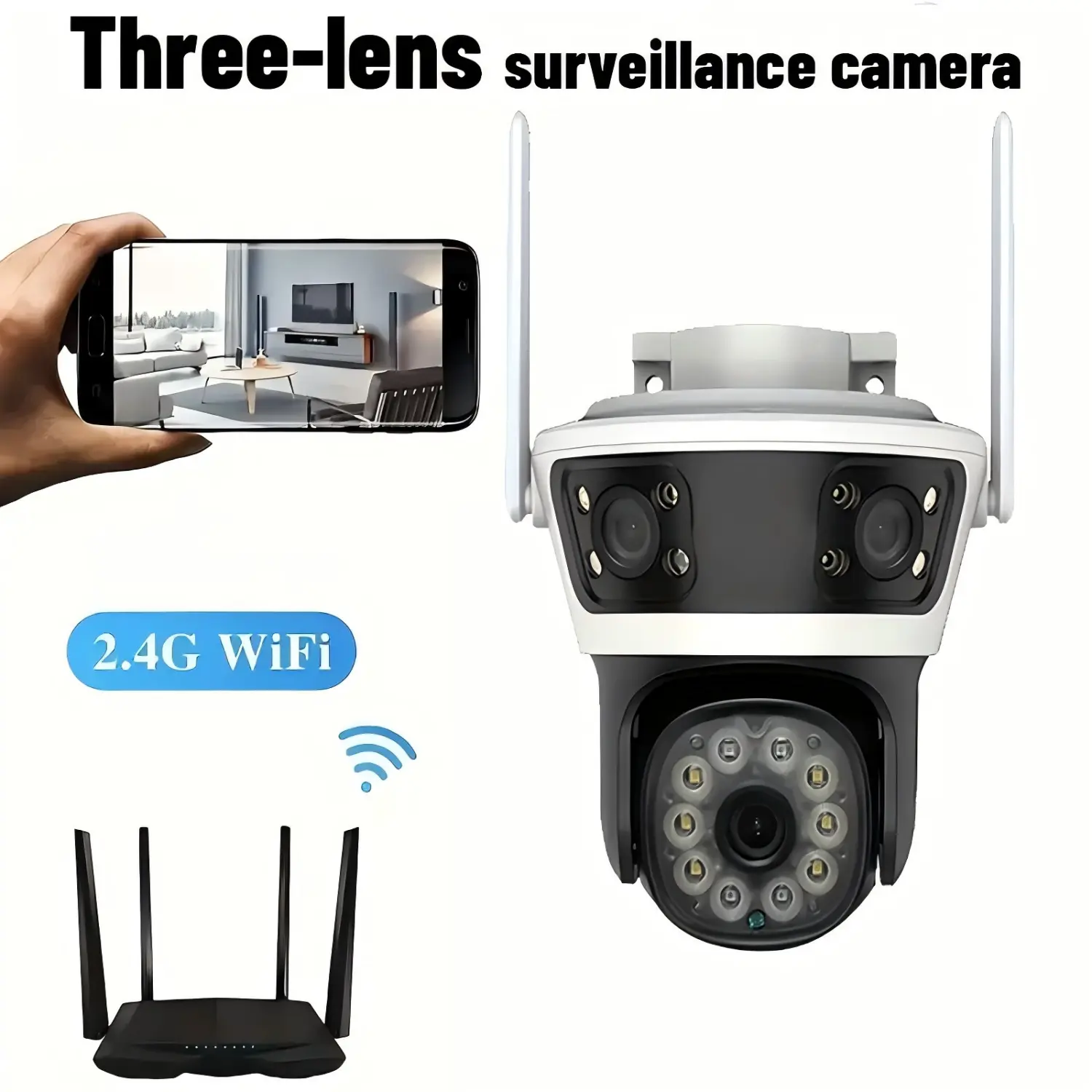 Security WiFi Camera Outdoor with Three Lens,24/7 Recording Cameras for Home Security,3-Mode Night Vision,Auto Tracking 360 View Home Security Camera,2-Way Audio