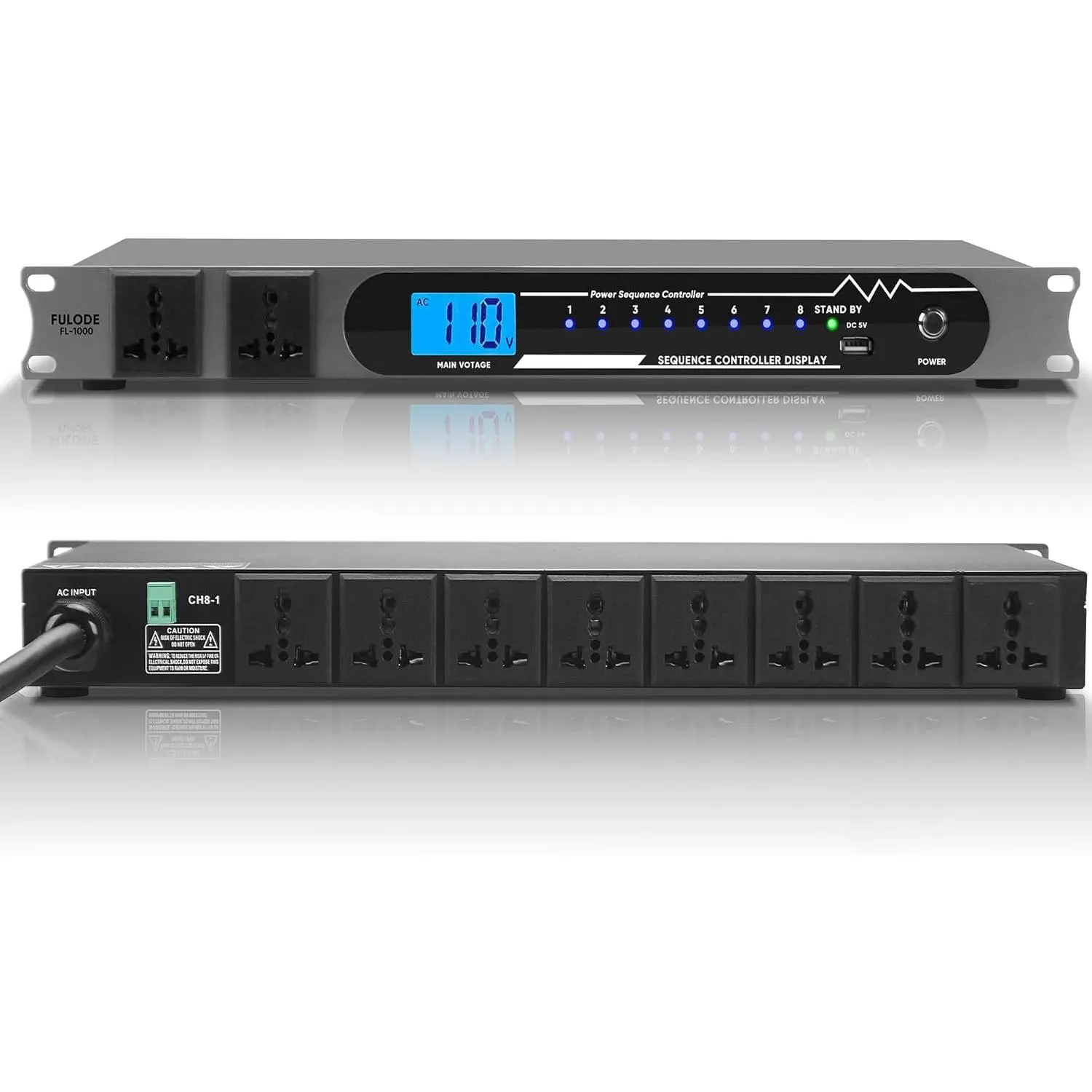 2000W Digital Professional Audio Power Conditioning Controller (FL-1000) - 1U Frame Size 10-Socket Sequential Rack, LCD Voltmeter, USB Plug, Surge Protection, Noise Reduction Aluminum Build, 2 Front/8 Rear Panel Power Sockets for Home/Studio