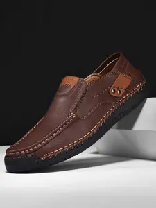 Men's Large Size Retro Casual Shoes, Hand-Stitched Slip-On Low Top, Fashion PU Leather Loafers Oxfords, Comfortable All-Season Outdoor Wear